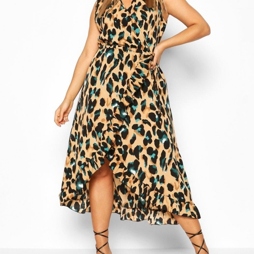 Wrap Leopard Ruffle Midi Dress